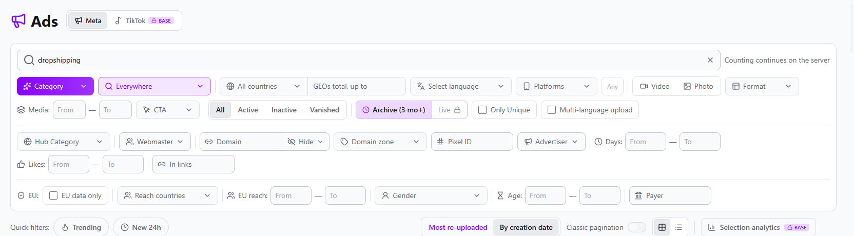 Spytrend Meta ad search on the free plan with Archive mode on and Live locked
