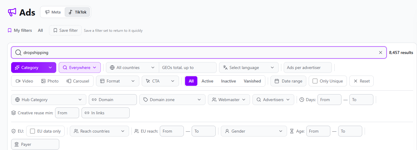 Spytrend Pro TikTok ad search for dropshipping showing 8,457 results